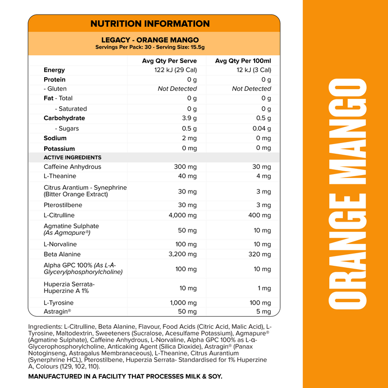 LEGACY Pre Workout Energy - Orange Mango - 30 serves-Pre-Workouts-MNSUPPS0335-745114578150-2-Muscle Nation LEGACY Pre Workout Energy - Orange Mango - 30 serves-Pre-Workouts-MNSUPPS0335-745114578150-2-Muscle Nation