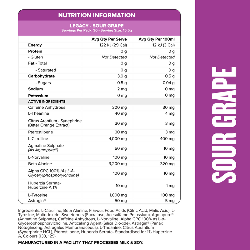LEGACY Pre Workout Energy - Sour Grape - 30 serves-Pre-Workouts-MNSUPPS0203-764460254280-2-Muscle Nation LEGACY Pre Workout Energy - Sour Grape - 30 serves-Pre-Workouts-MNSUPPS0203-764460254280-2-Muscle Nation