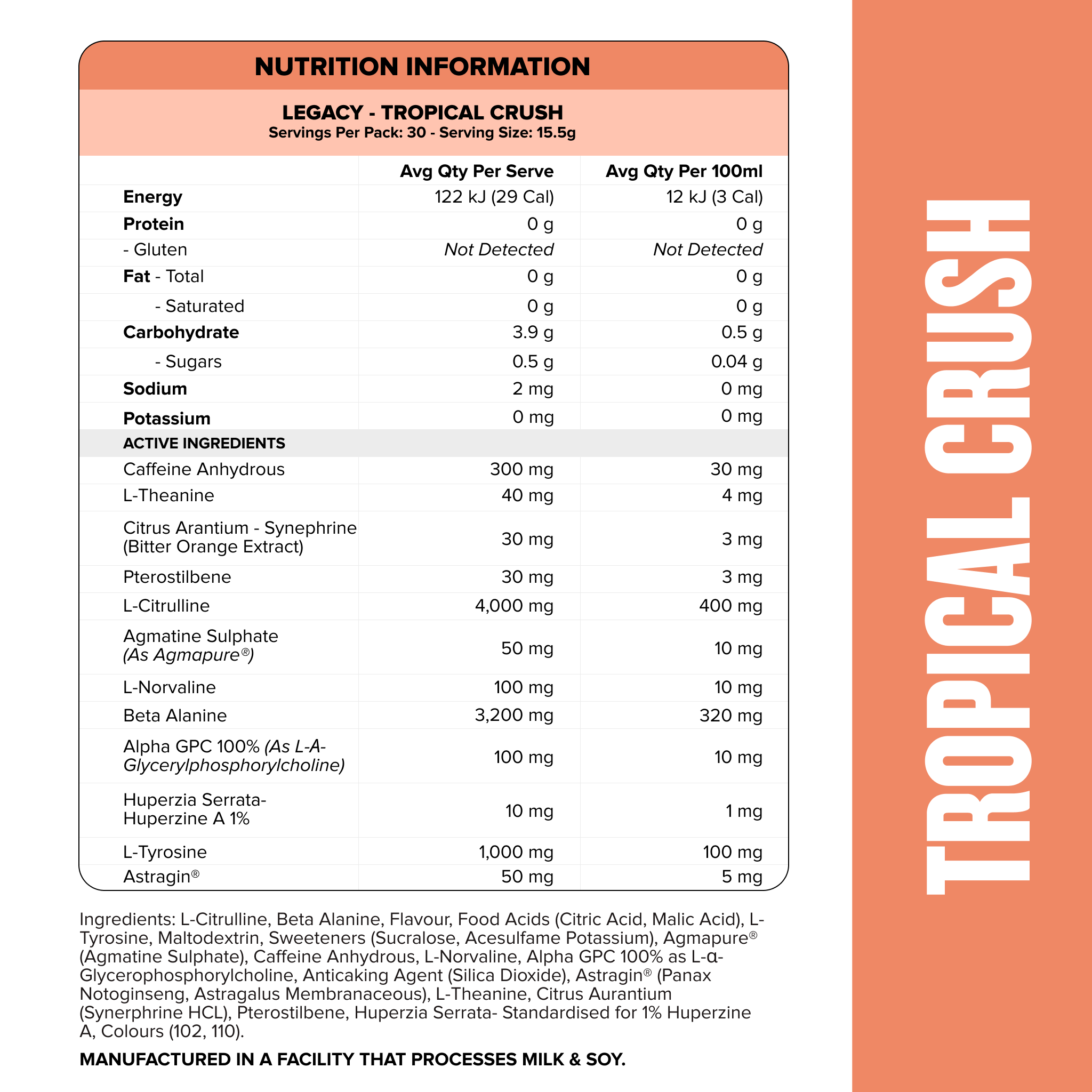 LEGACY Pre Workout Energy - Tropical Crush - 30 serves-Pre-Workouts-MNSUPPS0250-764460254532-2-Muscle Nation