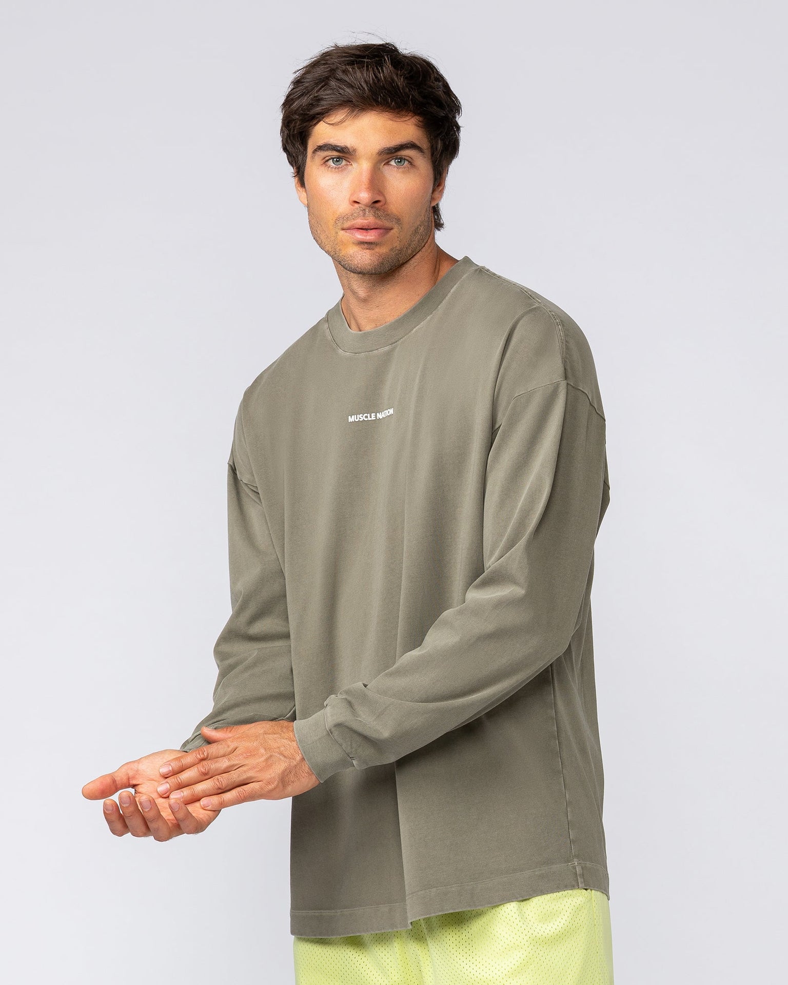Alpha Oversized Mens Long Sleeve - Washed Dark Khaki-Long Sleeve T-Shirts-S-042513WHDRKH-S-MNAPPRL41748-2-Muscle Nation