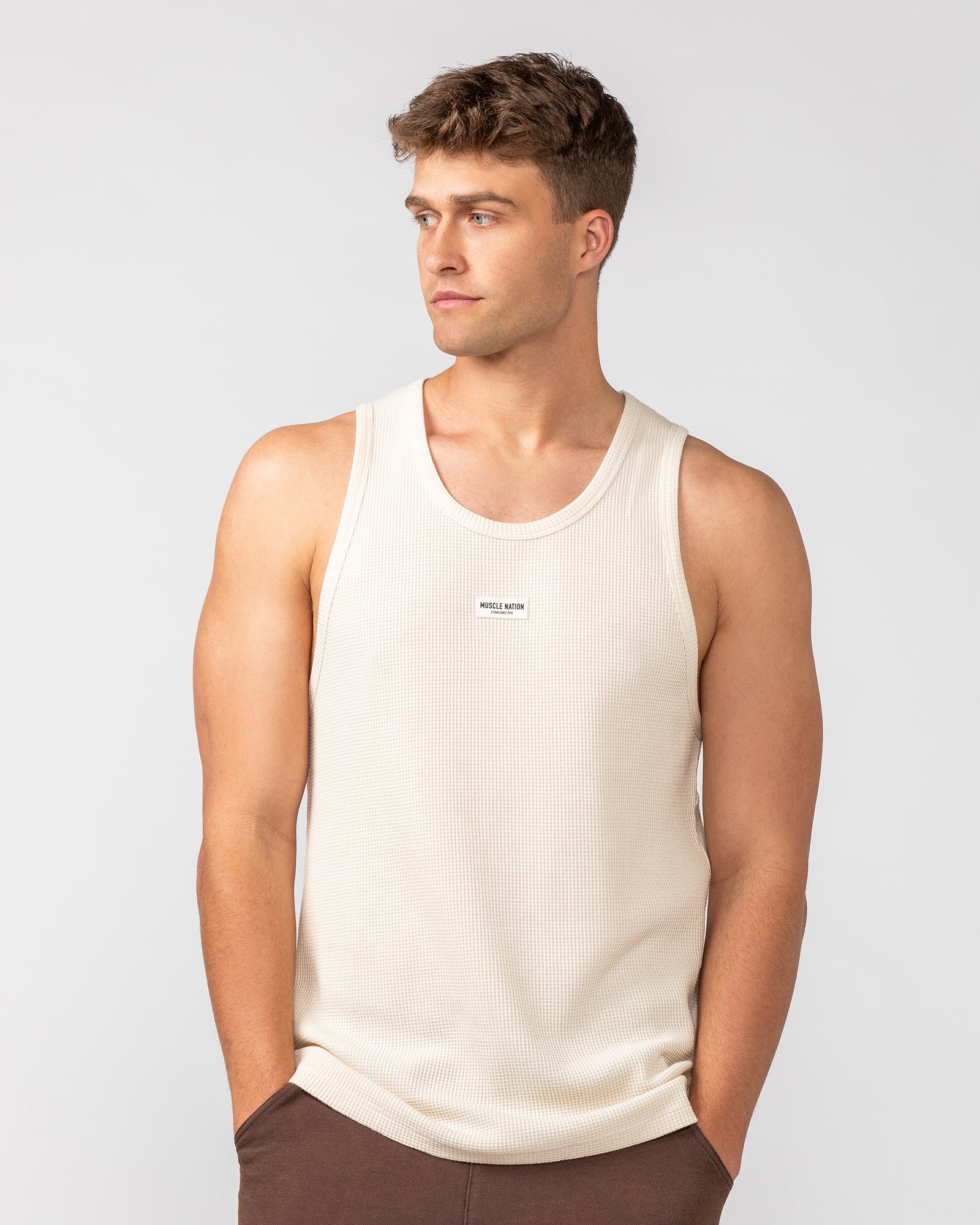 Waffle Tank - Travertine-Singlets & Tanks-S-082408TRAV-S-MNAPPRL32458-1-Muscle Nation