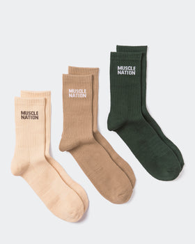 Mens Essential Crew Socks (3x Pack) - Cream / Eggshell / Evergreen-Socks-Cream / Eggshell / Evergreen-AC112336CRMEGGEGRN-ONE-MNAPPRL26514-1-Muscle Nation