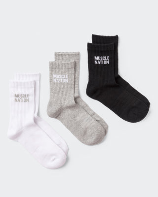 Womens Essential Crew Socks (3x Pack) - White / Grey Marl / Black-Socks-White / Grey Marl / Black-AC092310WHTGRYMARBLCK-ONE-MNAPPRL26518-1-Muscle Nation