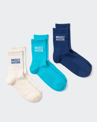 Womens Essential Crew Socks (3x Pack) - Navy / Hawaiian Blue / Off White-Socks-Navy / Hawaiian Blue / White-AC112335NVYHAWABLUWHT-ONE-MNAPPRL26511-1-Muscle Nation