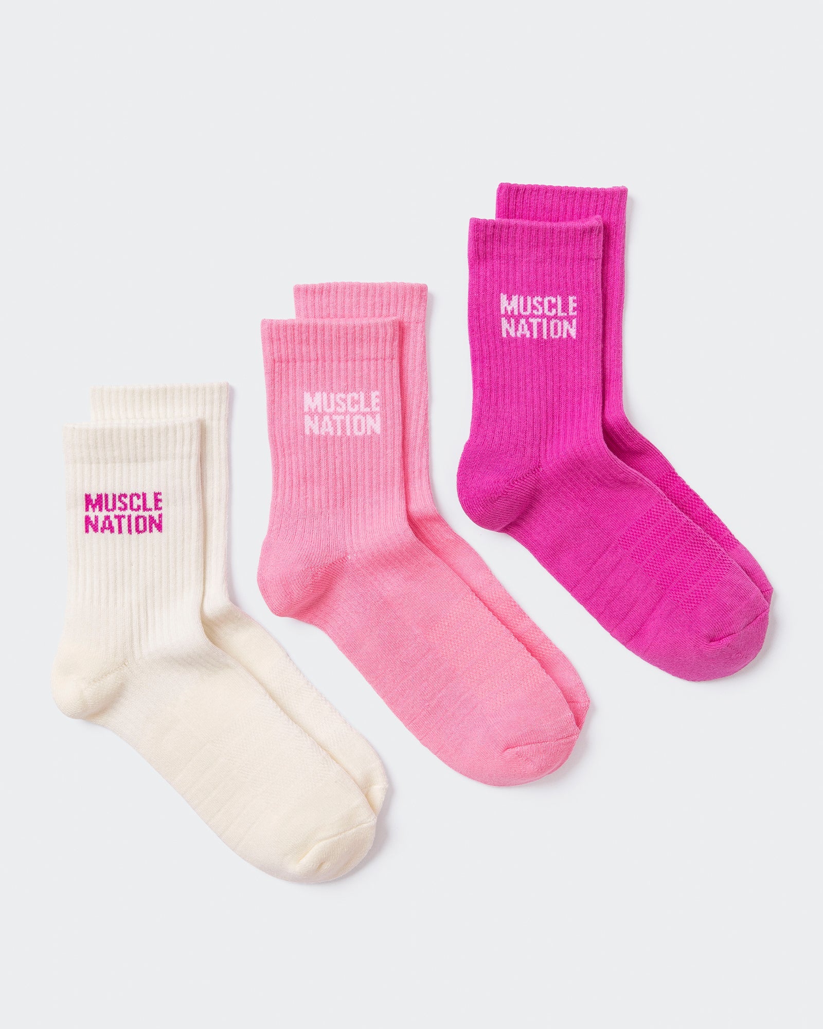 Womens Essential Crew Socks (3x Pack) - Off White / Bright Pink / Hyper Fuchsia-Socks-White / Bright Pink / Hyper Fuscia-AC112335WHTBPHYPFUS-ONE-MNAPPRL26510-1-Muscle Nation