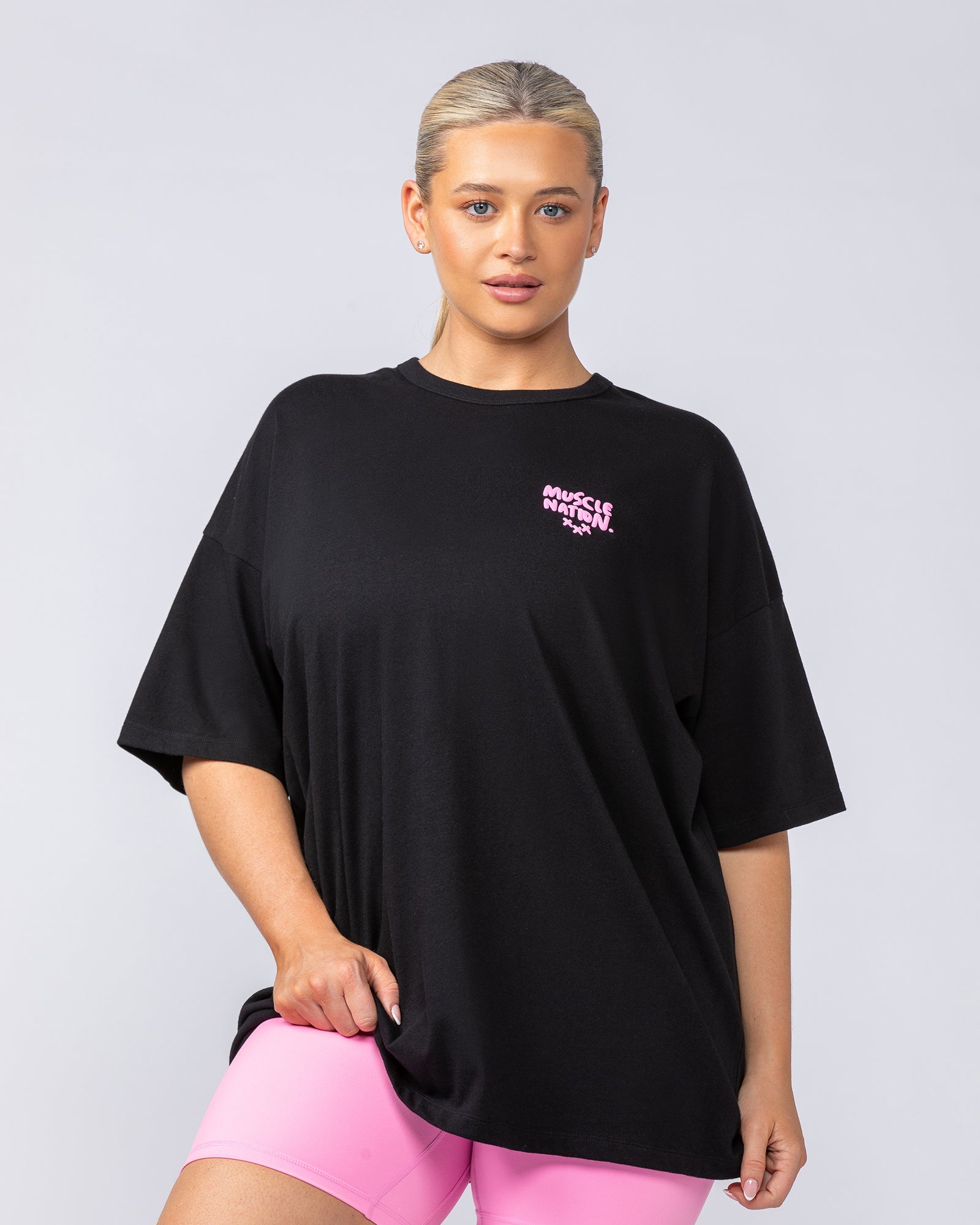 Womens Biggest Fan Oversized Tee - Black-T-Shirts-XXS-112451BLK-XXS-MNAPPRL34649-2-Muscle Nation