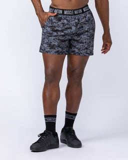 Level Up Training 4" Shorts Grey/Black Distressed Print - Muscle Nation men's gym shorts