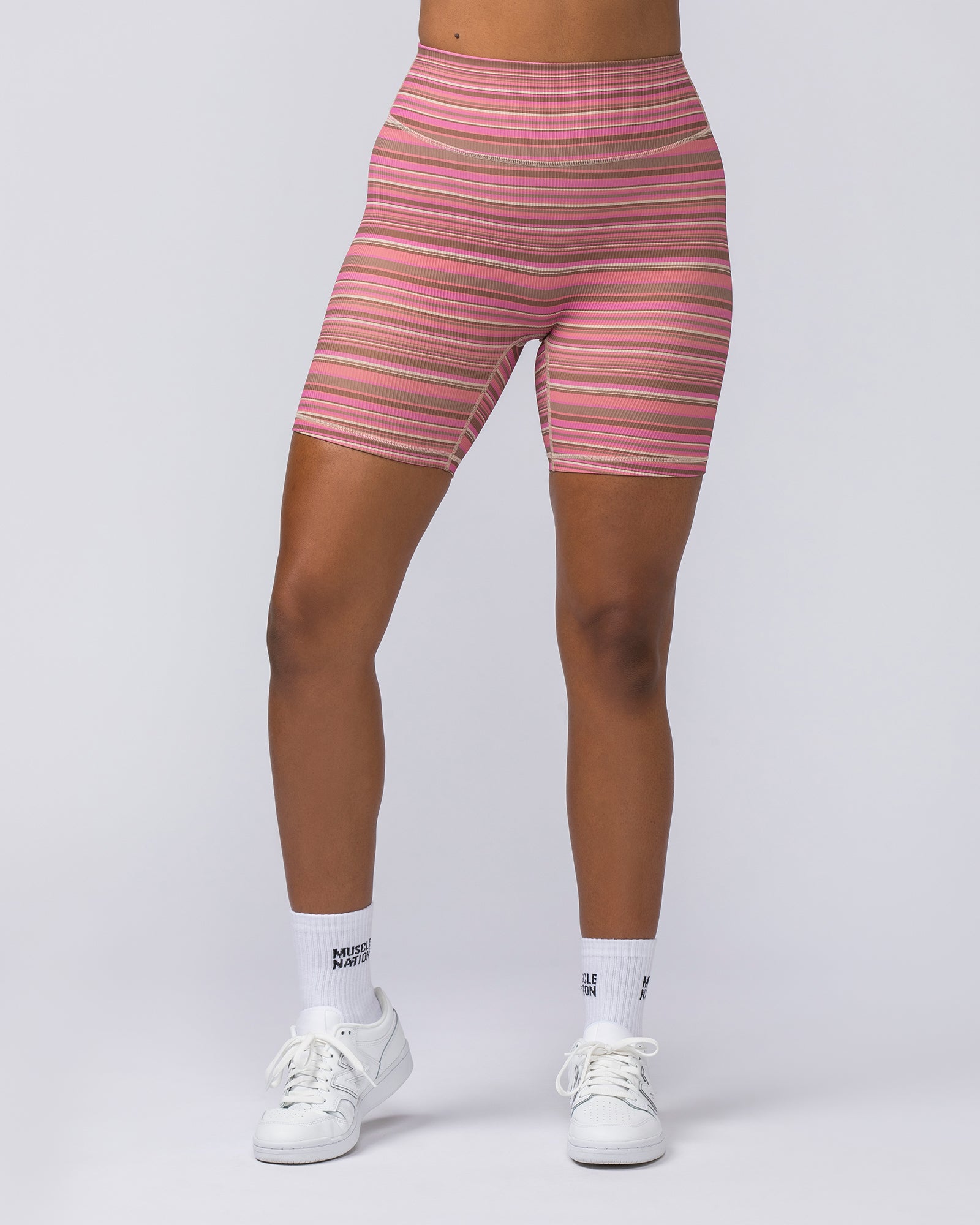 Zero Rise Rib Bike Shorts - Sunset Coral Stripe Print-Shorts-XXS-112375SUNCRLPNT-XXS-MNAPPRL27875-2-Muscle Nation