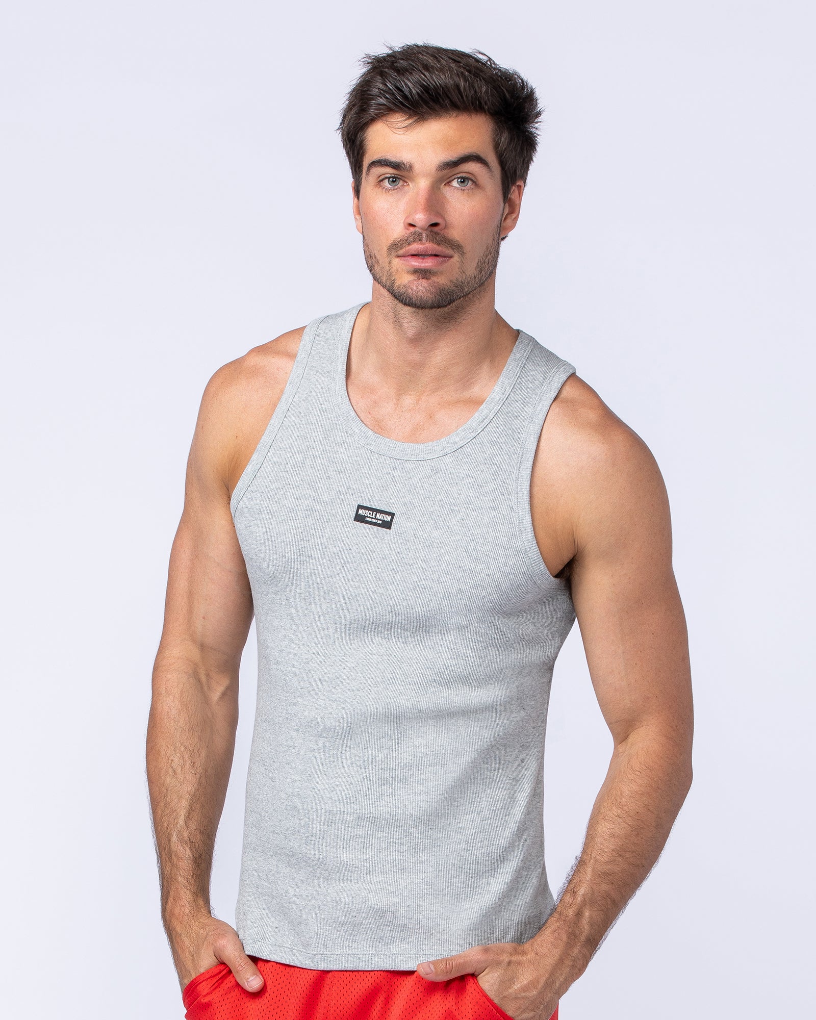 Rib Fitted Training Tank - Grey Marl-Singlets & Tanks-S-1124126GRYMRL-S-MNAPPRL35010-4-Muscle Nation