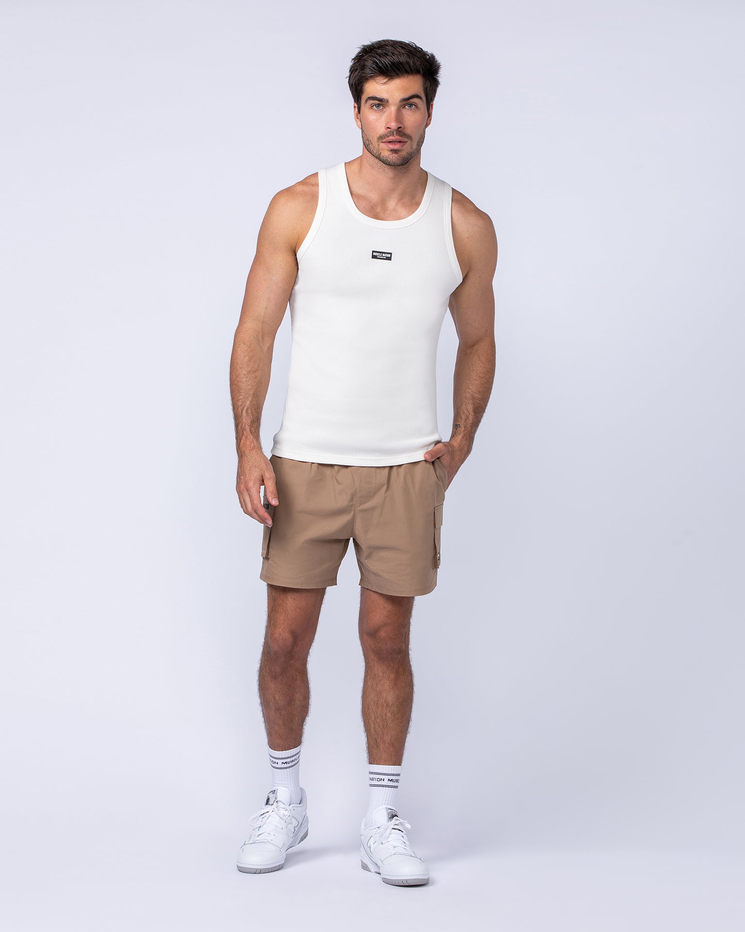 Rib Fitted Training Tank - Travertine (Silicon logo)-Singlets & Tanks-S-1124126TRAVSIL-S-MNAPPRL35024-5-Muscle Nation