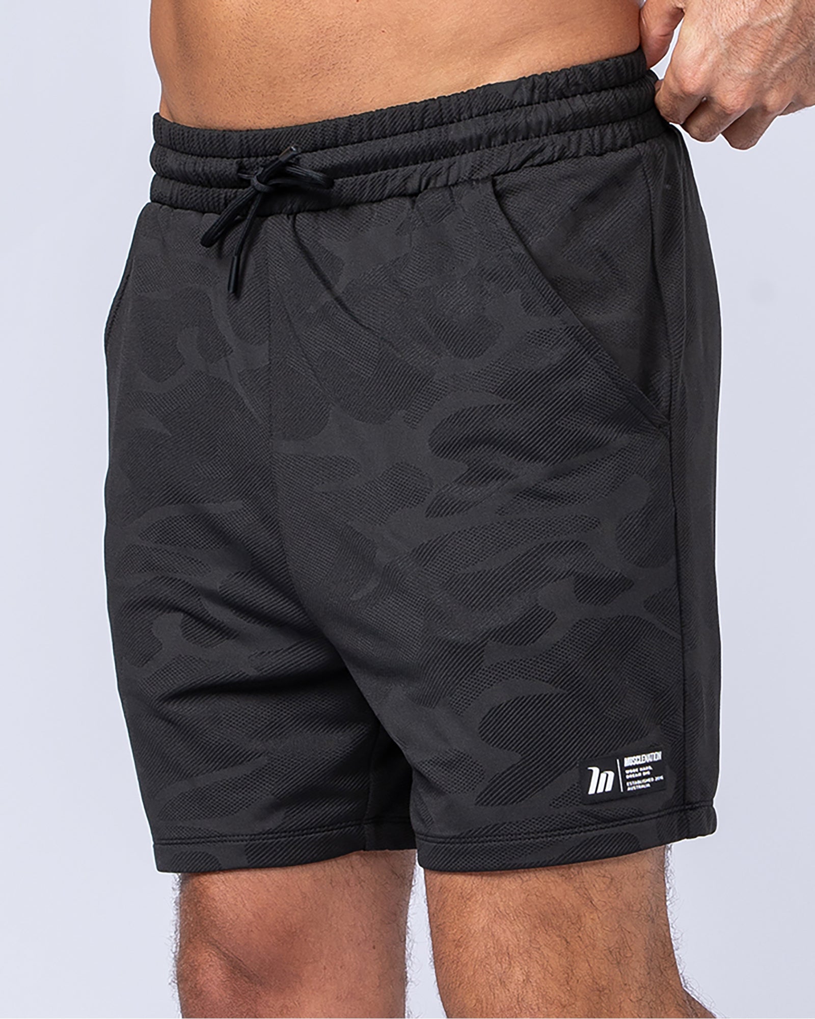 Tech Camo Lay Up 5" Shorts Black Camo - Muscle Nation men's gym shorts
