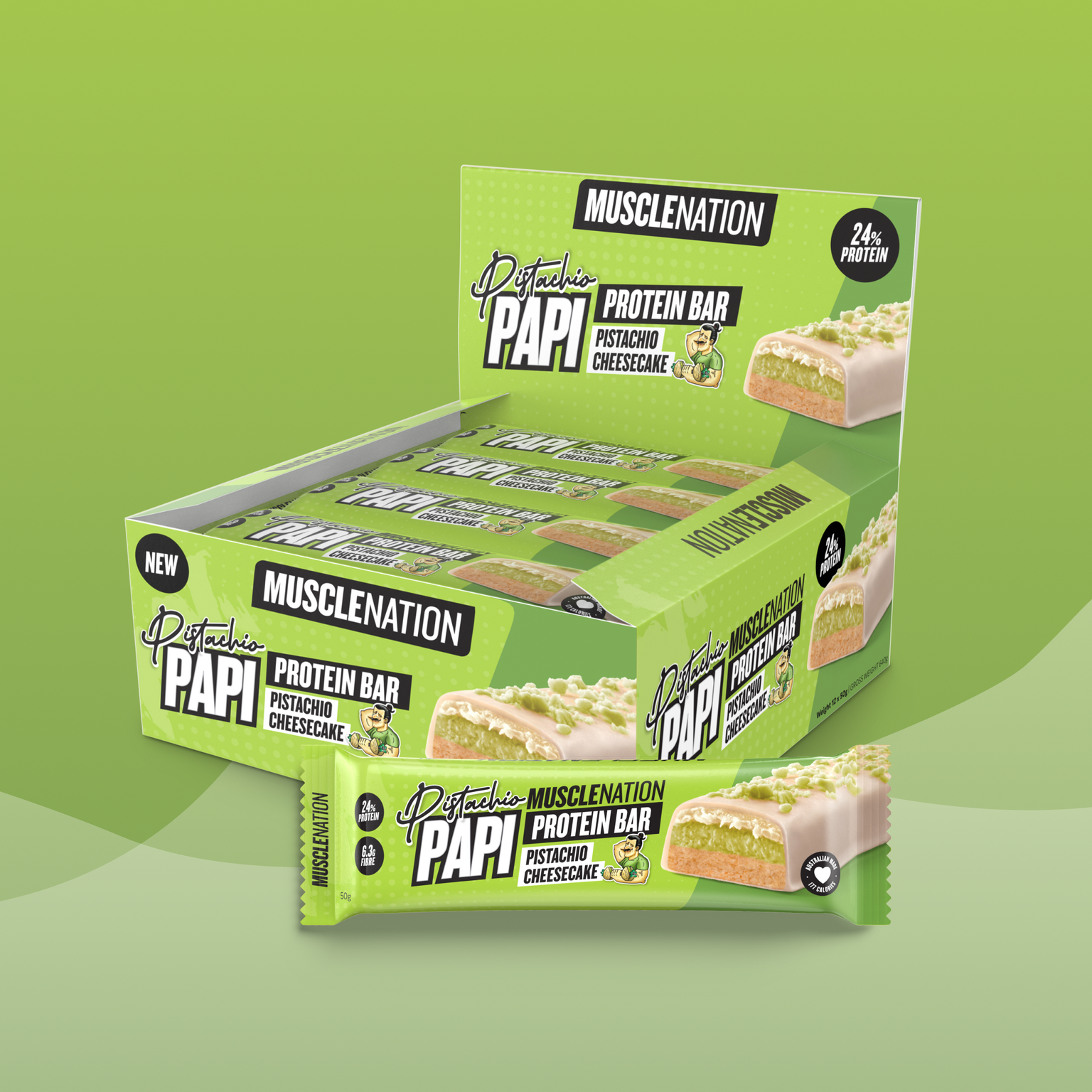 MN x PISTACHIO PAPI Protein Bar - Pistachio Cheesecake - Box of 12-Protein Bars-MNSUPPS0340-19359054001159-1-Muscle Nation
