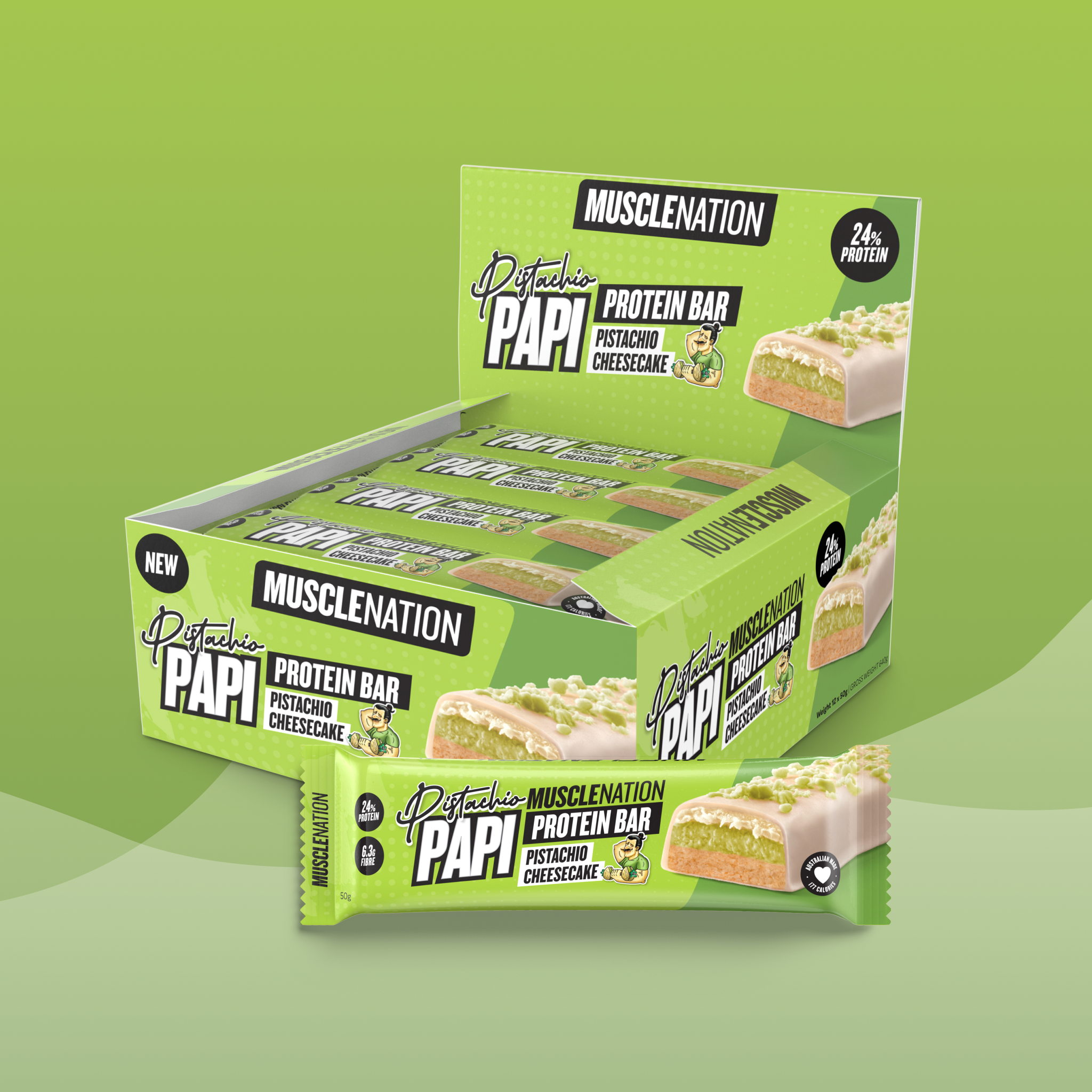 MN x PISTACHIO PAPI Protein Bar - Pistachio Cheesecake - Box of 12-Protein Bars-MNSUPPS0340-19359054001159-1-Muscle Nation