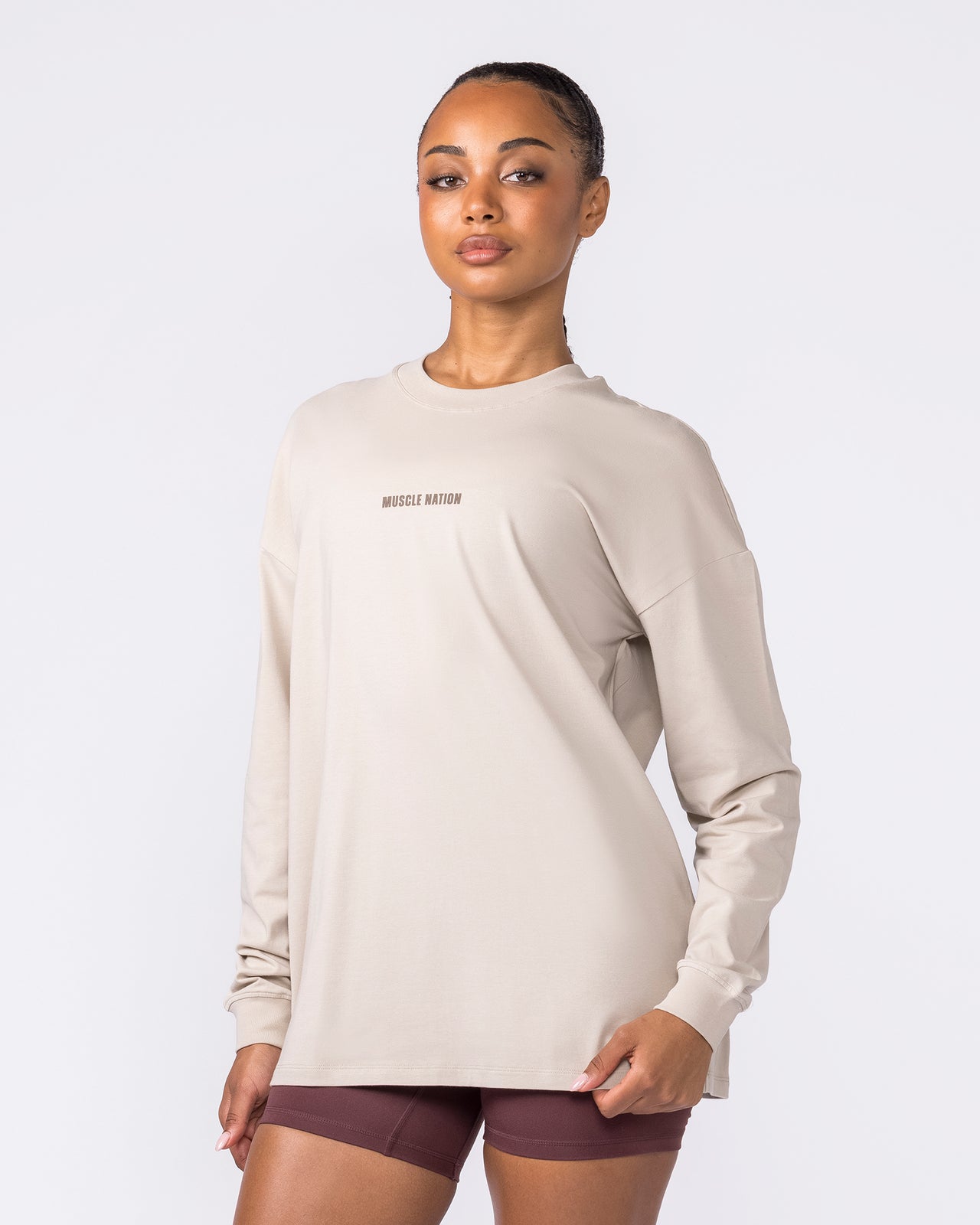 Classic Long Sleeve Top Cream - Muscle Nation women's long sleeve tee, view 3