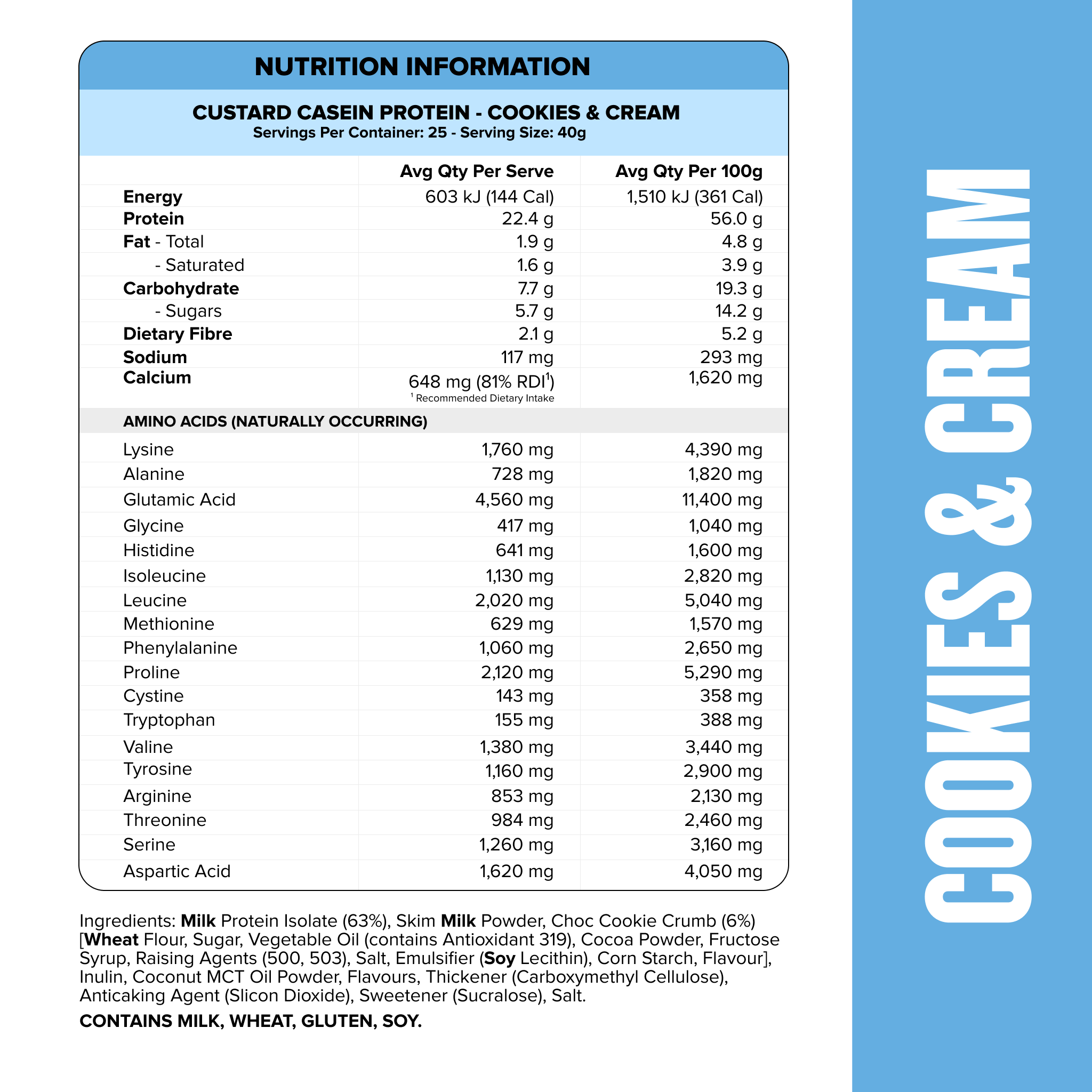 CUSTARD Casein Protein - Cookies & Cream - 25 serves