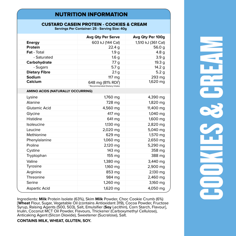 CUSTARD Casein Protein - Cookies & Cream - 25 serves
