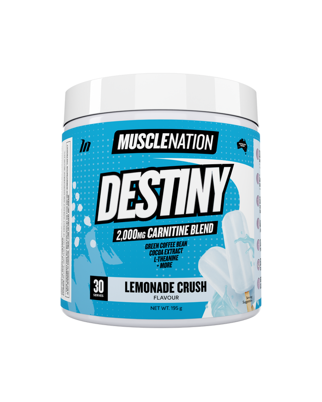 Muscle Nation Destiny supplement container with blue and white design on a white background