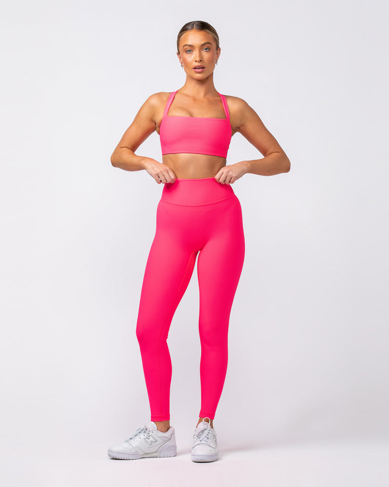 Zero Rise Rib Ankle Length Leggings - Neon Pink-Leggings-XXS-062420NEPNK-XXS-MNAPPRL31641-5-Muscle Nation