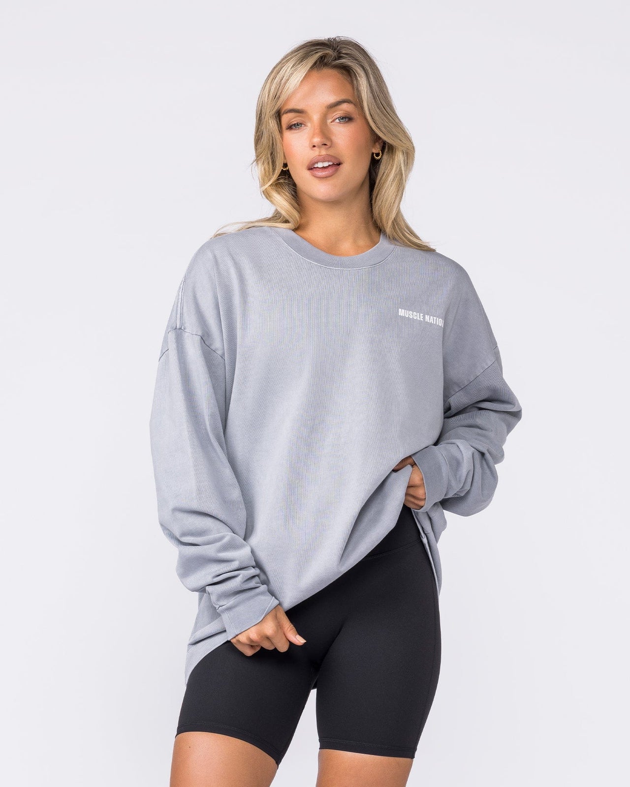 Essential Oversized Long Sleeve Vintage Tee in Washed Cement - Muscle Nation men's long sleeve tee, view 6 | WOMENS-1