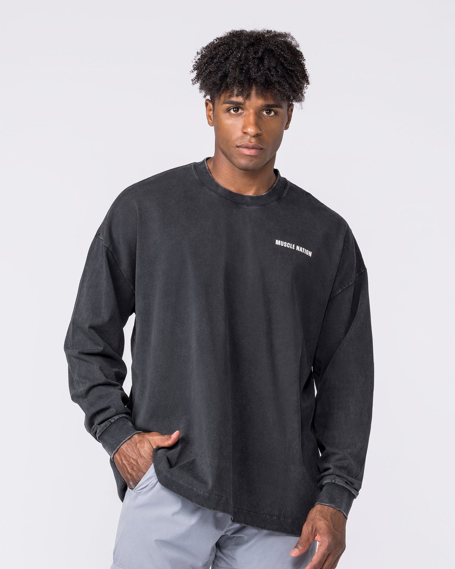 Essential Oversized Long Sleeve Vintage Tee in Washed Black - Muscle Nation men's long sleeve tee