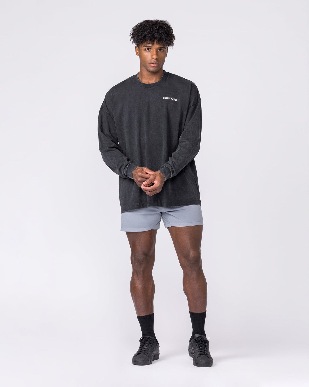 Essential Oversized Long Sleeve Vintage Tee in Washed Black - Muscle Nation men's long sleeve tee, view 5