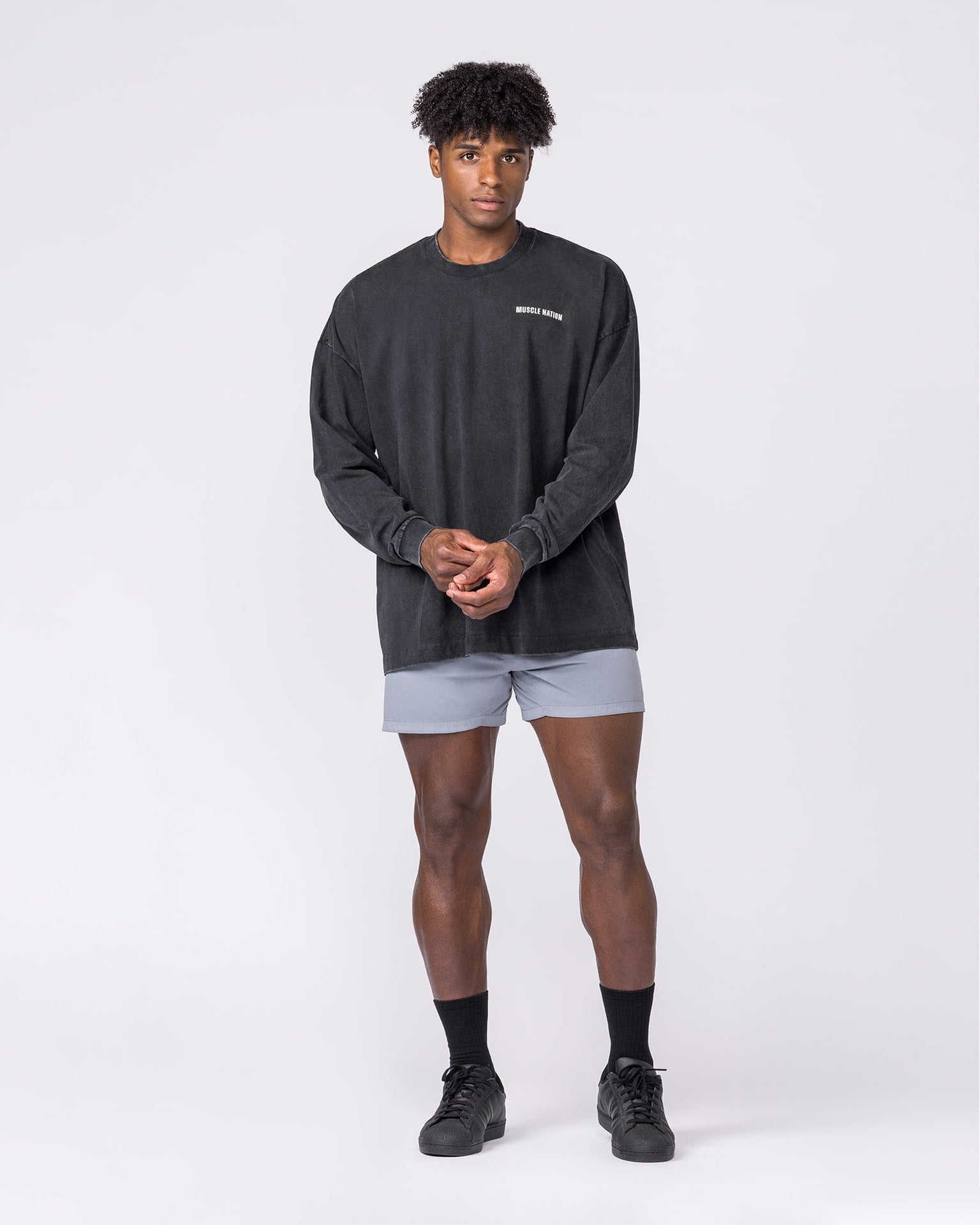 Essential Oversized Long Sleeve Vintage Tee in Washed Black - Muscle Nation men's long sleeve tee, view 5