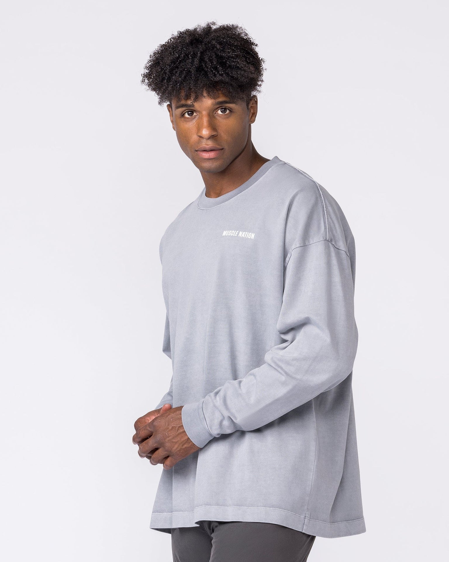Essential Oversized Long Sleeve Vintage Tee in Washed Cement - Muscle Nation men's long sleeve tee, view 3