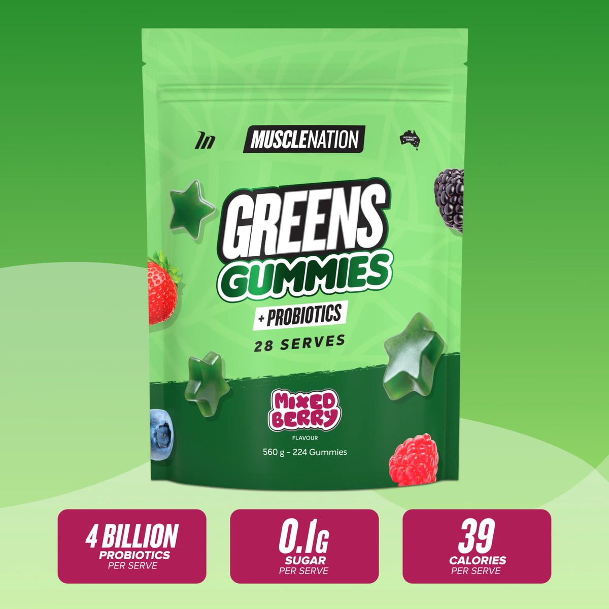 Greens Gummies Mixed Berry pouch: 4 billion probiotics, 0.1g sugar and 39 calories per serve