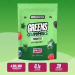 Greens Gummies Mixed Berry pouch: 4 billion probiotics, 0.1g sugar and 39 calories per serve