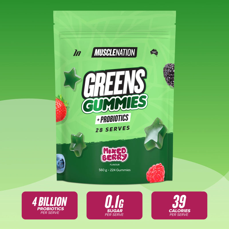 Greens Gummies Mixed Berry pouch: 4 billion probiotics, 0.1g sugar and 39 calories per serve
