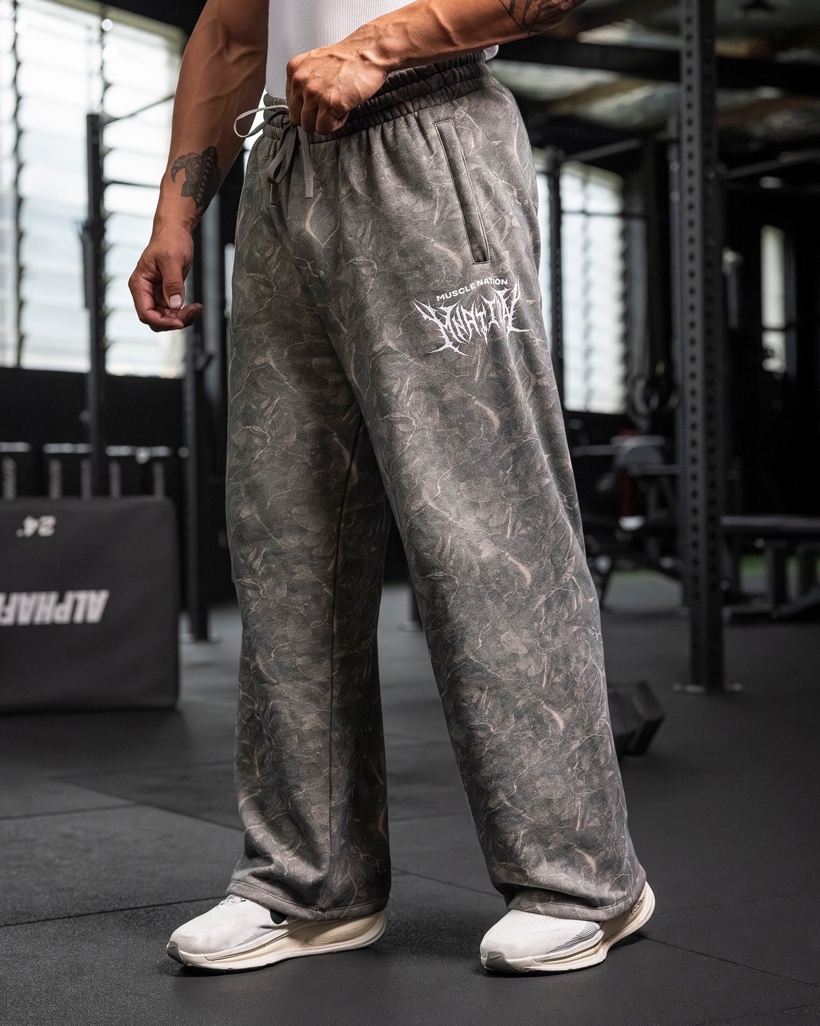 Gothic Wide Leg Trackies - Washed Tree Camo