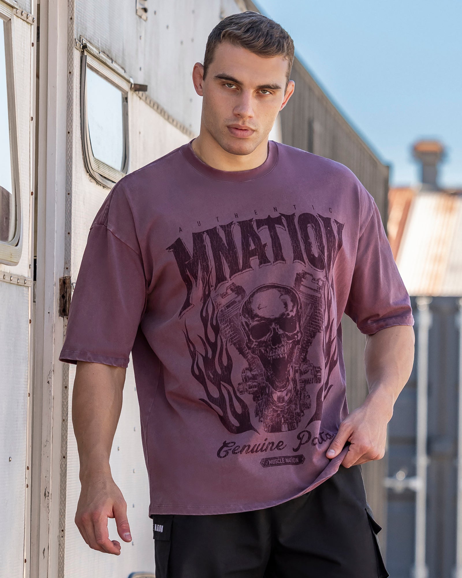 Iron Skull Oversized Tee - Washed Maroon