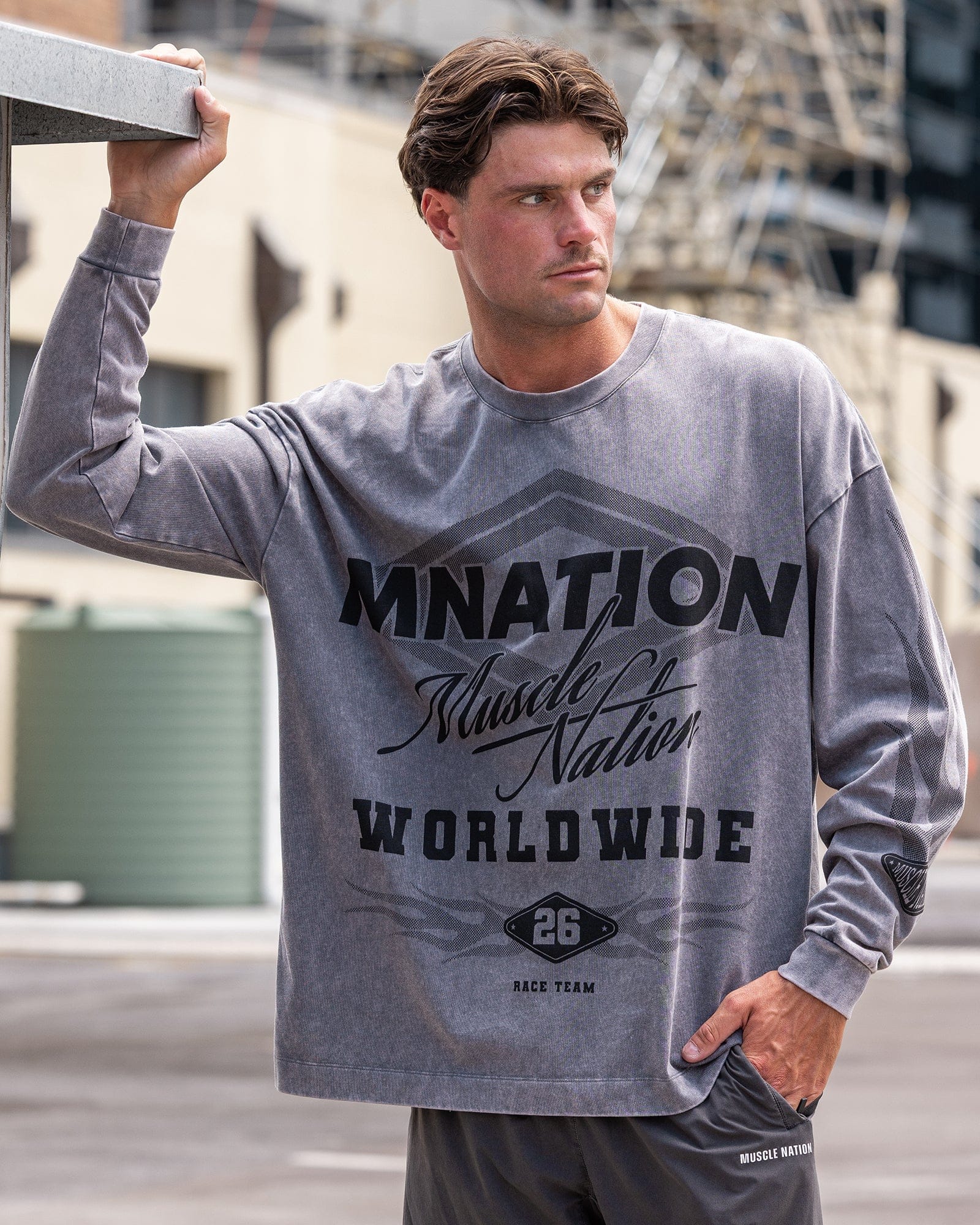 Worldwide Racing Long Sleeve Vintage Tee in Washed Tornado - Muscle Nation men's long sleeve tee