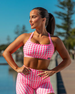 Desire Aura Bra - Neon Pink Gingham Print-Sports Bras-XXS-062408NPGMP-XXS-MNAPPRL31450-1-Muscle Nation