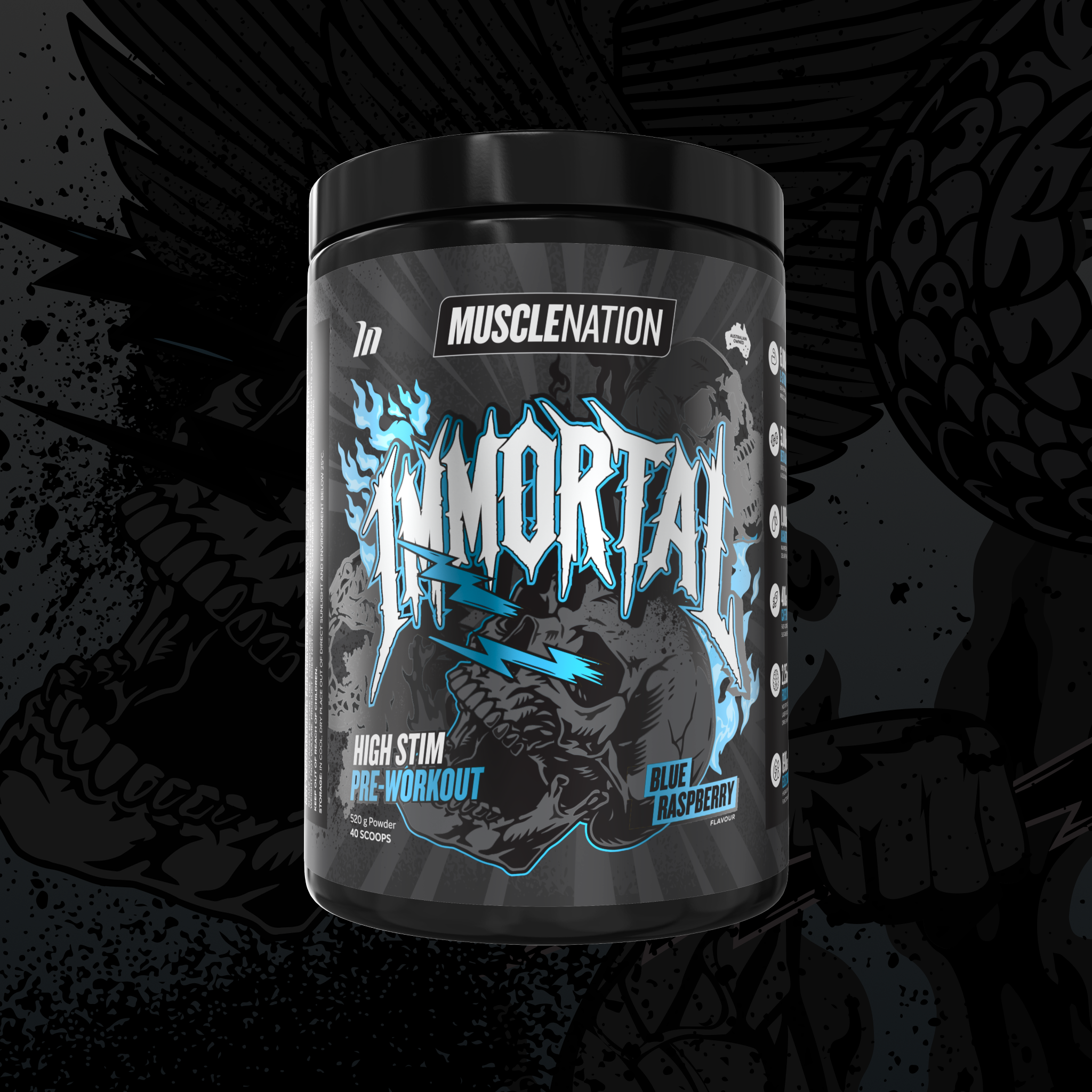 IMMORTAL Pre-Workout - Blue Raspberry - 40 Serves-Pre-Workouts-MNSUPPS0406-9359054002951-1-Muscle Nation