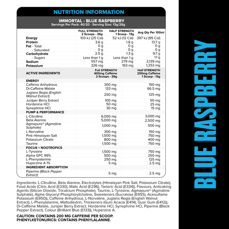 IMMORTAL Pre-Workout - Blue Raspberry - 40 serves-Pre-Workouts-MNSUPPS0406-9359054002951-2-Muscle Nation