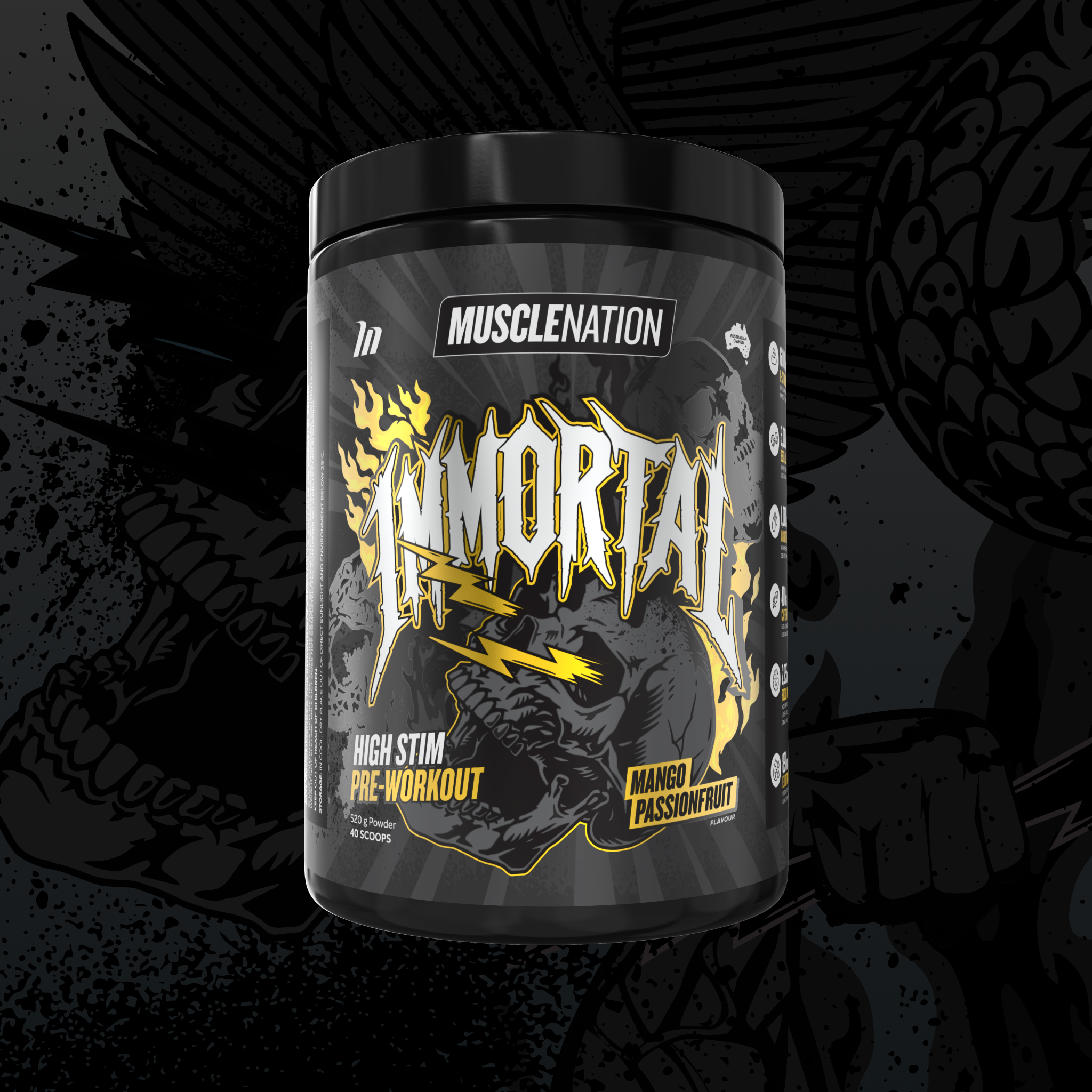 IMMORTAL Pre-Workout - Mango Passionfruit - 40 Serves-Pre-Workouts-MNSUPPS0407-9359054002999-1-Muscle Nation