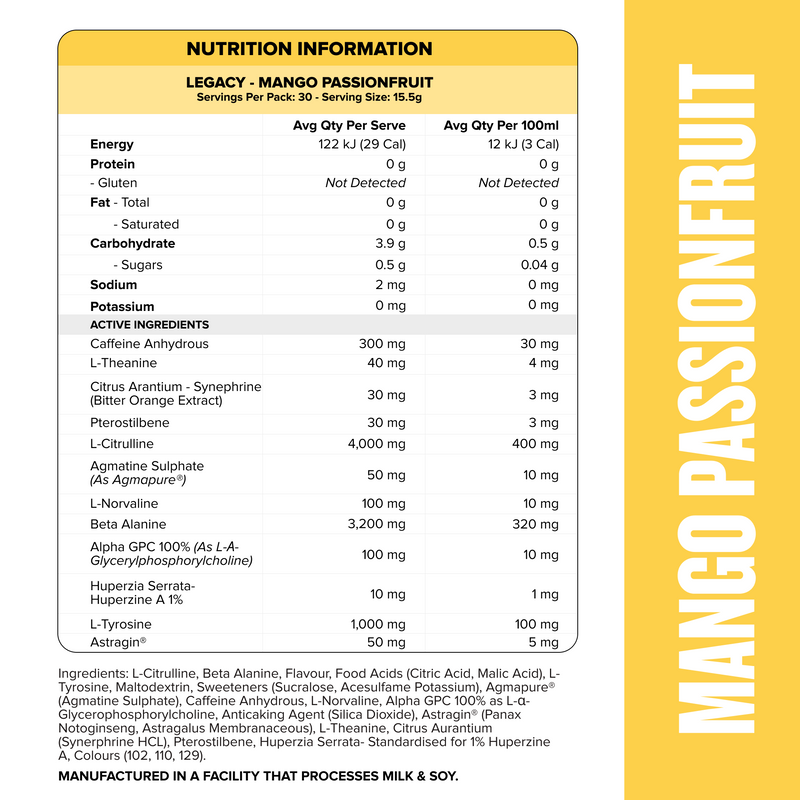 LEGACY Pre Workout Energy - Mango Passionfruit - 30 serves-Pre-Workouts-MNSUPPS0243-764460254525-2-Muscle Nation