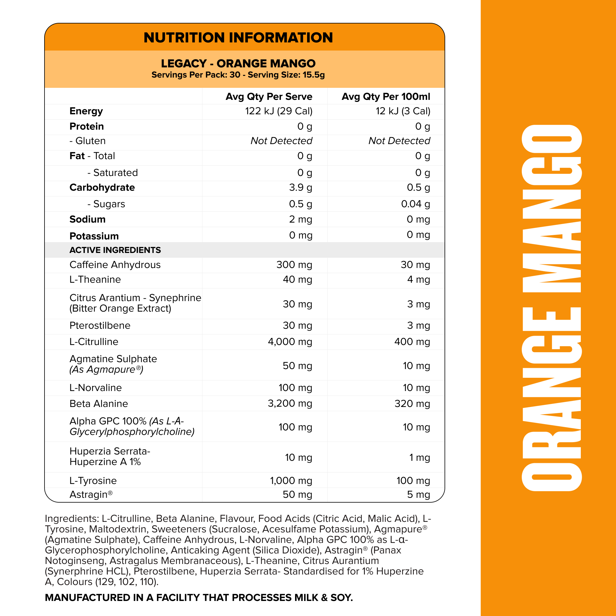 LEGACY Pre Workout Energy - Orange Mango - 30 serves-Pre-Workouts-MNSUPPS0335-745114578150-2-Muscle Nation