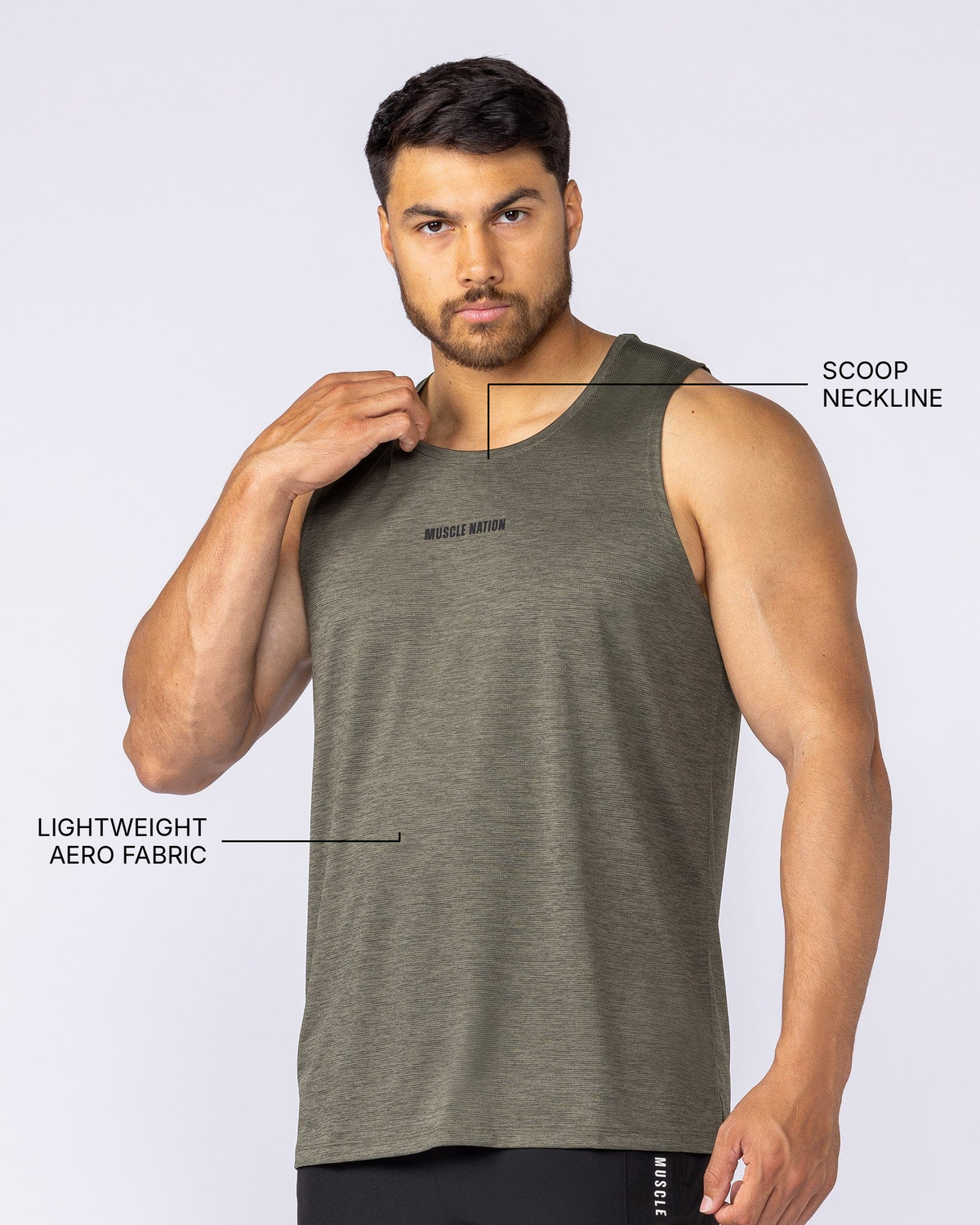 Aero Active Tank - Dark Khaki - Muscle Nation feature callouts: scoop neckline, lightweight Aero fabric
