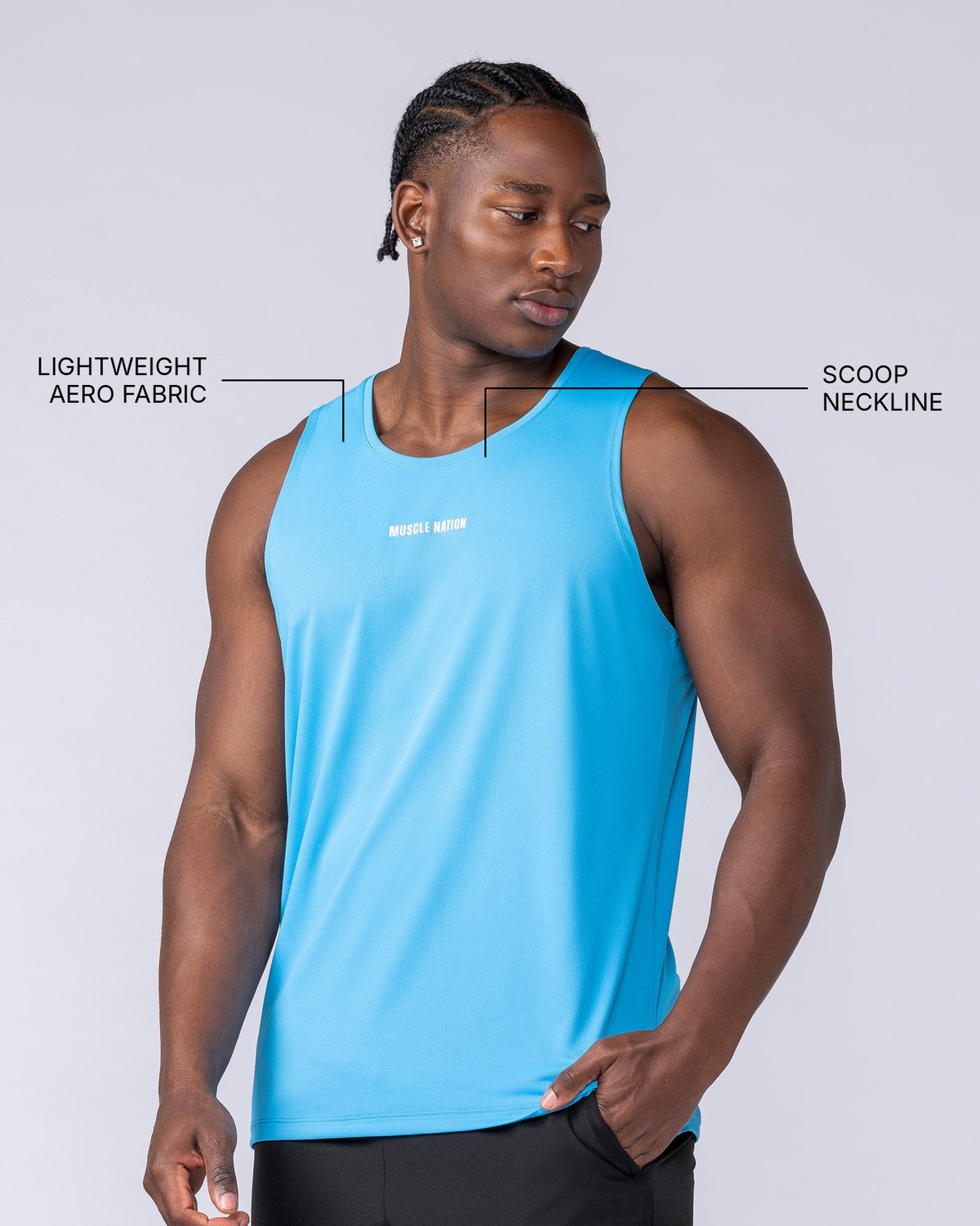 Aero Active Tank - Ibiza Blue - Muscle Nation feature callouts: scoop neckline, lightweight Aero fabric