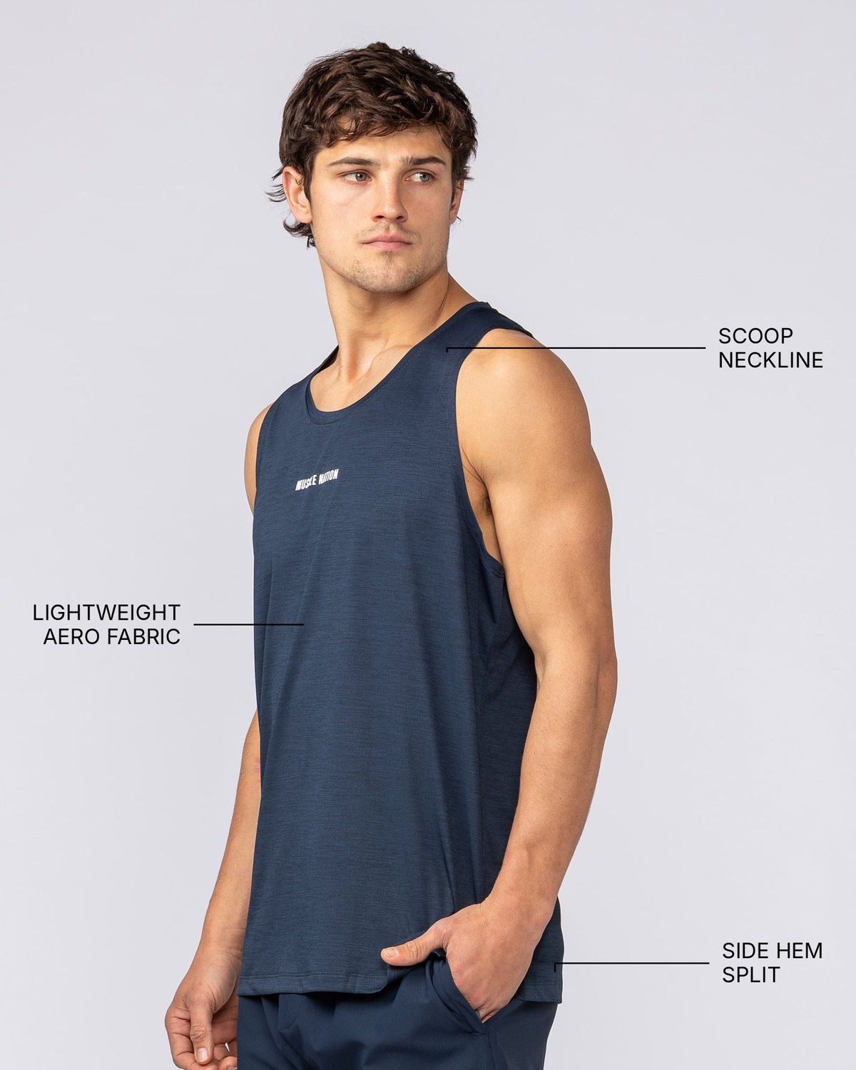 Aero Active Tank - Navy - Muscle Nation feature callouts: scoop neckline, lightweight Aero fabric, side hem split