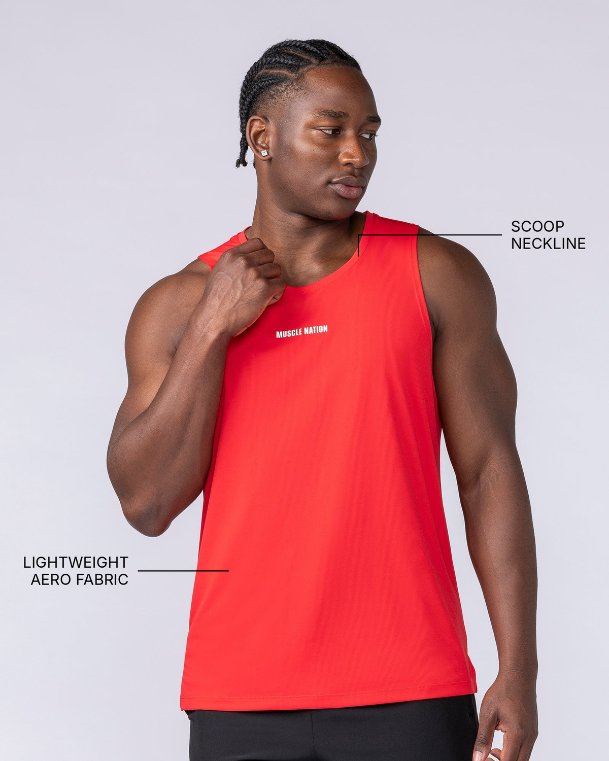 Aero Active Tank - Poppy - Muscle Nation feature callouts: scoop neckline, lightweight Aero fabric