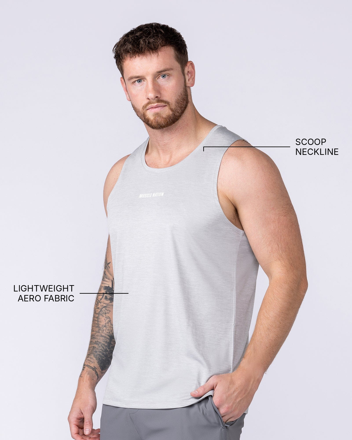 Aero Active Tank - Quiet Grey - Muscle Nation feature callouts: scoop neckline, lightweight Aero fabric