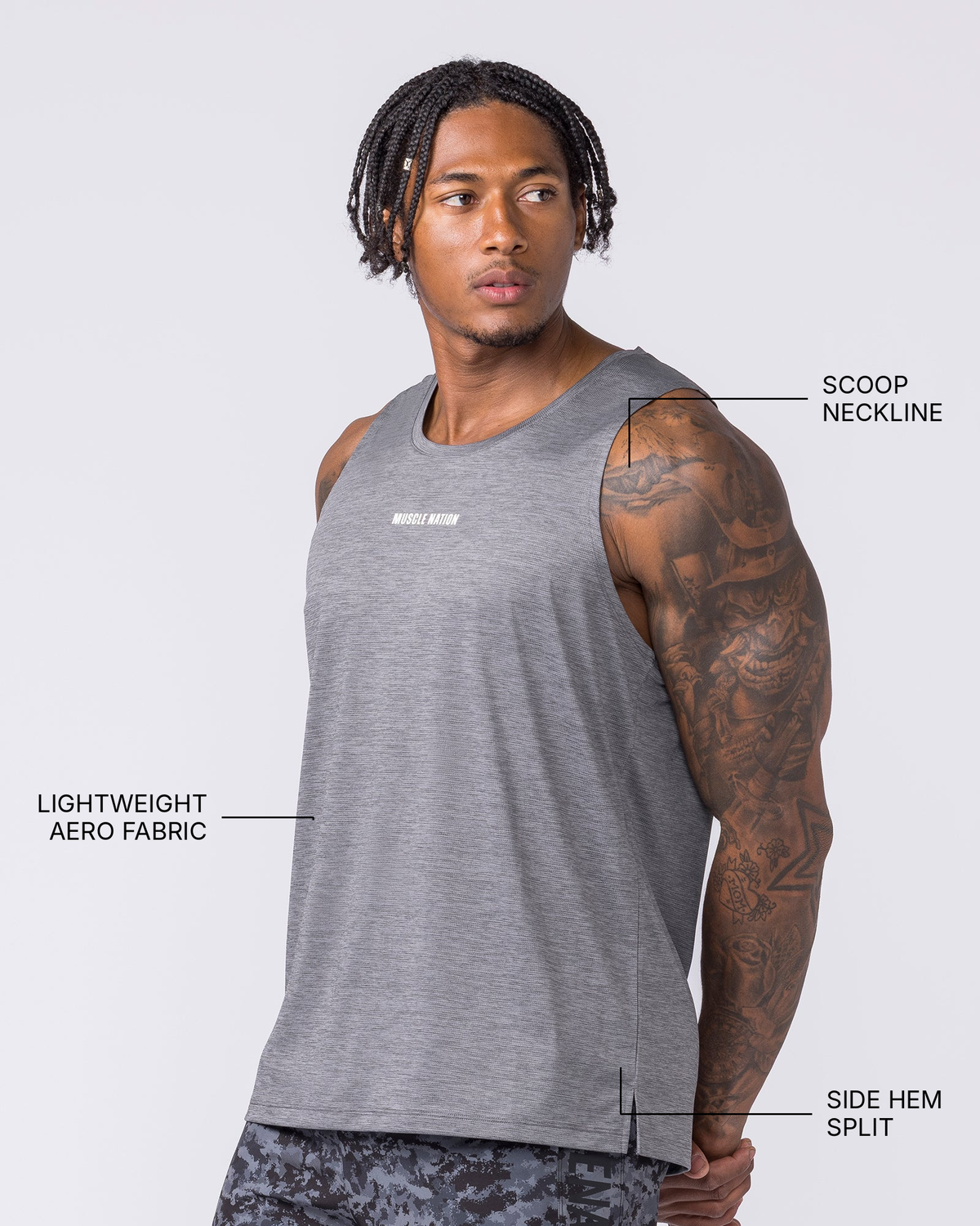 Aero Active Tank - Tornado - Muscle Nation feature callouts: scoop neckline, lightweight Aero fabric, side hem split