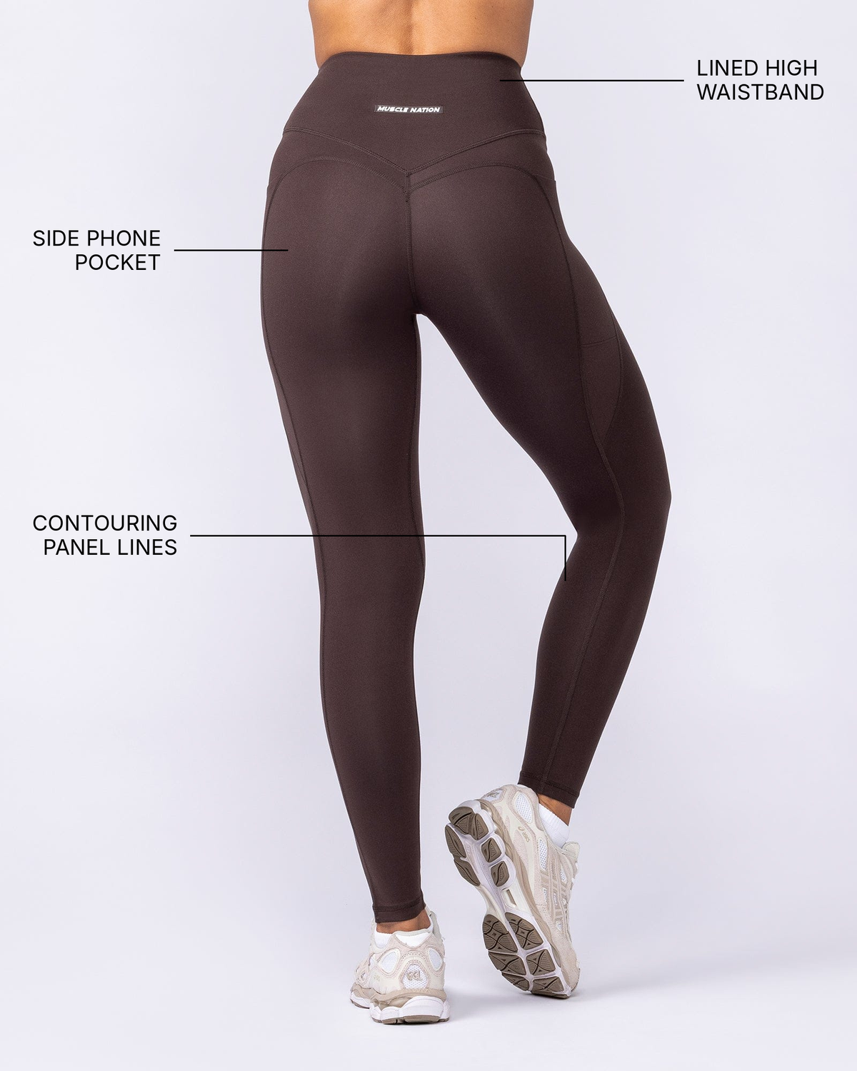 Booty Shaper Pocket Ankle Length Leggings - Cocoa - Muscle Nation feature callouts: contouring panel lines, side phone pocket, lined high waistband
