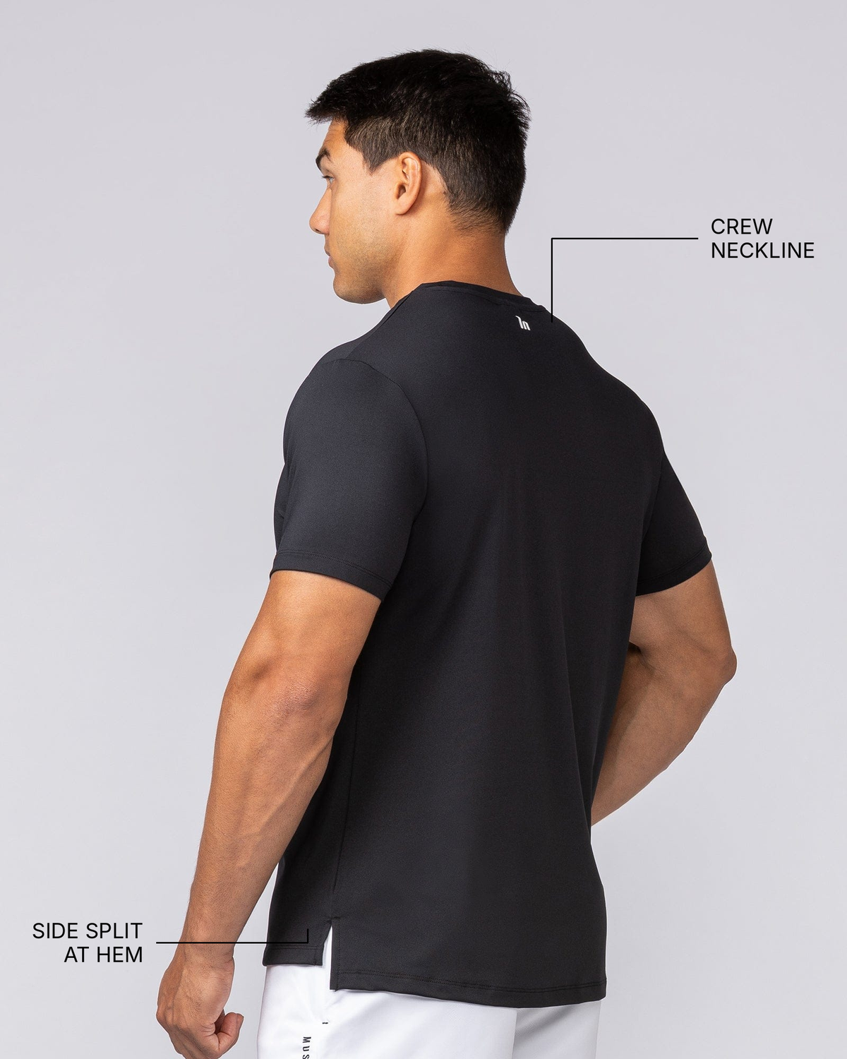 Climaflex Active Tee - Black - Muscle Nation feature callouts: crew neckline, side split at hem