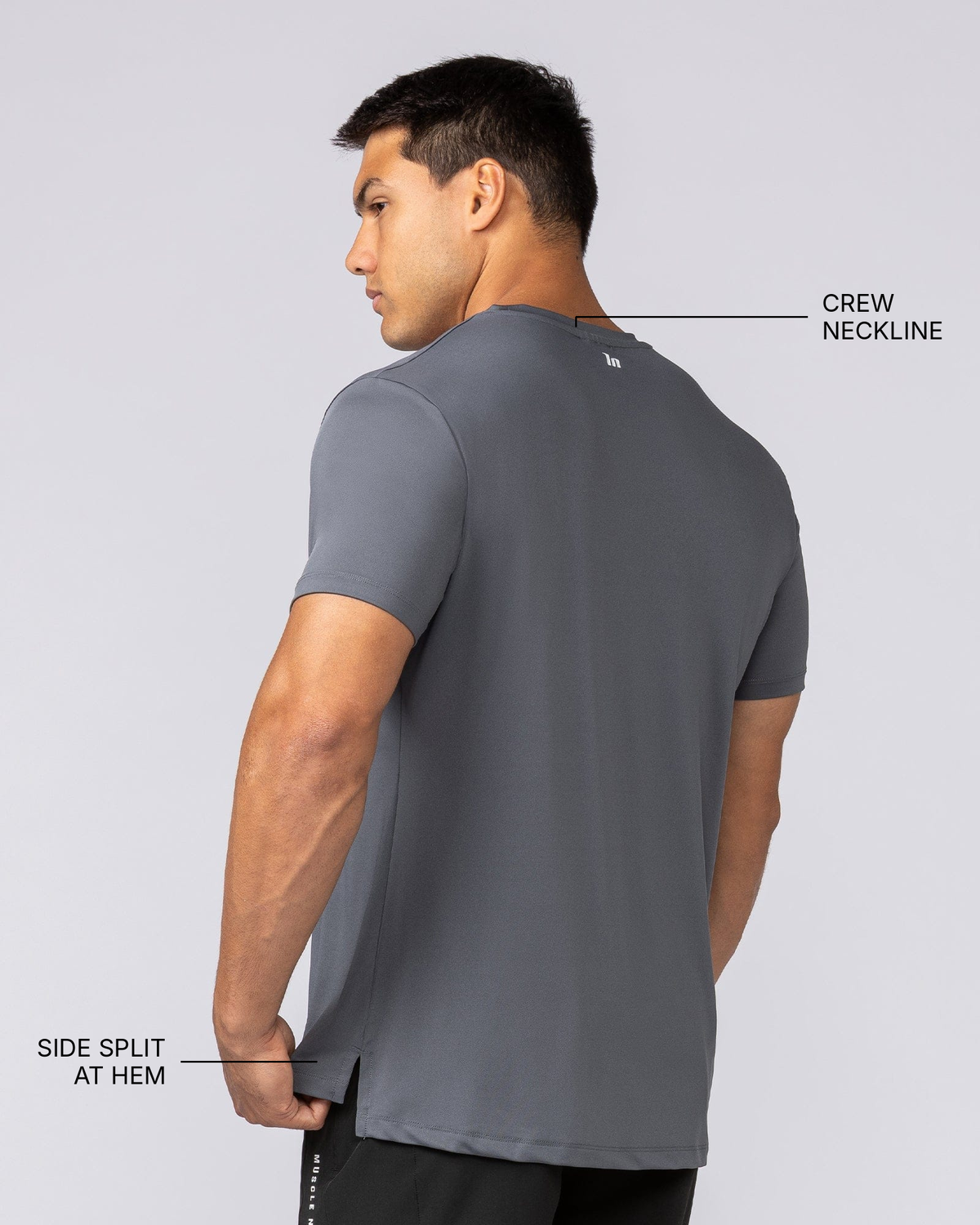 Climaflex Active Tee - Tornado - Muscle Nation feature callouts: crew neckline, side split at hem