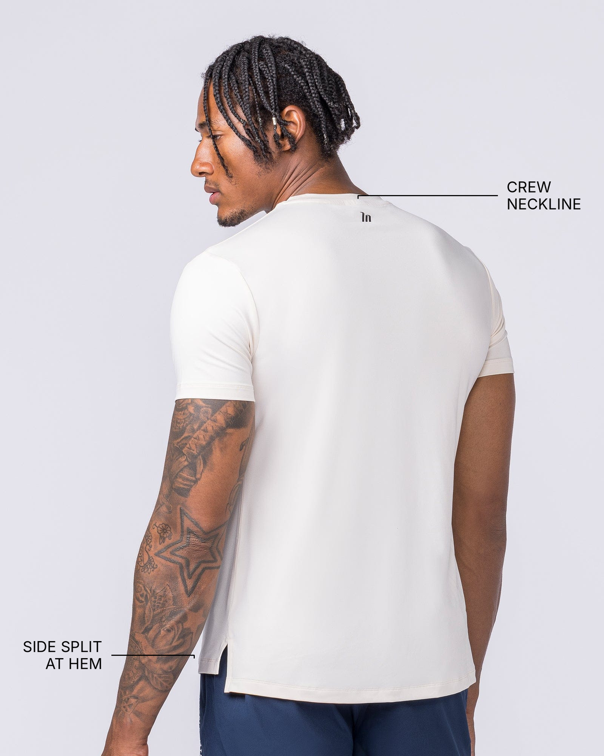 Climaflex Active Tee - Travertine - Muscle Nation feature callouts: crew neckline, side split at hem