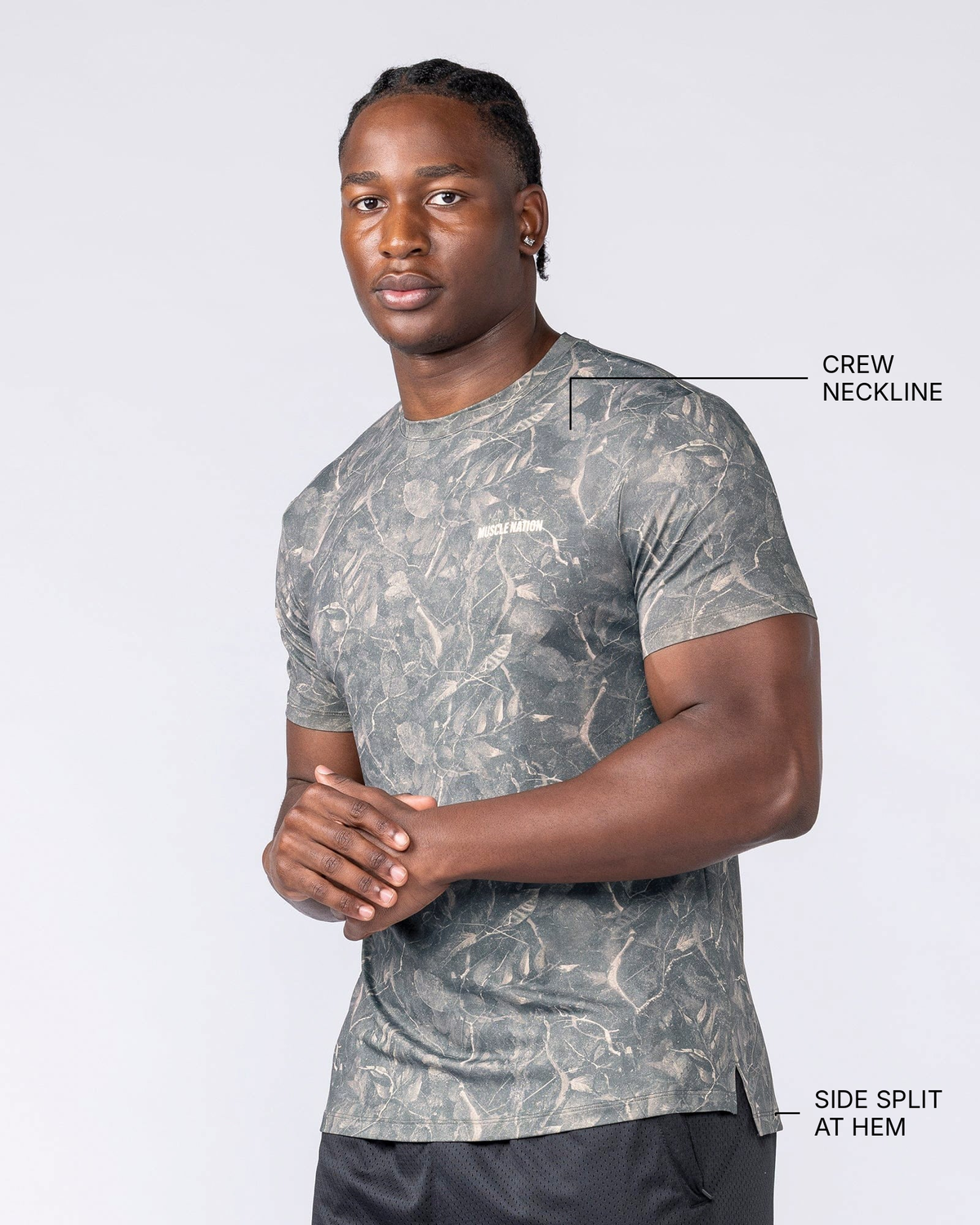 Climaflex Active Tee - Washed Tree Camo - Muscle Nation feature callouts: crew neckline, side split at hem